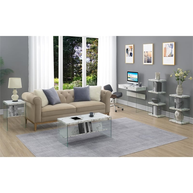 Pemberly Row Modern Coffee Table in Faux White Marble Wood Finish