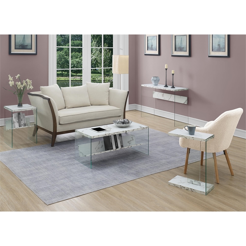 Pemberly Row Modern Coffee Table in Faux White Marble Wood Finish