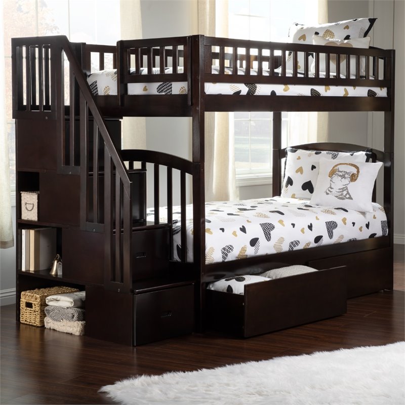 Pemberly Row Wood Staircase Storage Bunk Twin Over Twin in Espresso
