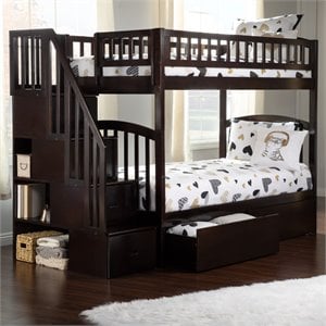 Pemberly Row Wood Staircase Storage Bunk Twin Over Twin in Espresso