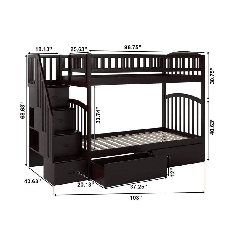 Pemberly Row Wood Staircase Storage Bunk Twin Over Twin in Espresso