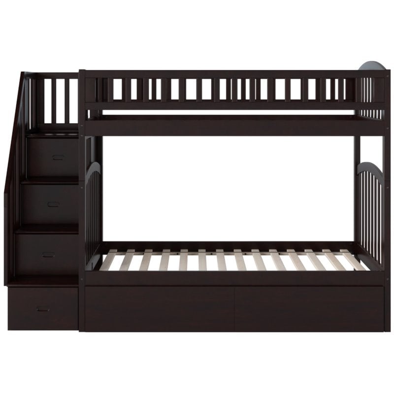 Pemberly Row Wood Staircase Storage Bunk Twin Over Twin in Espresso