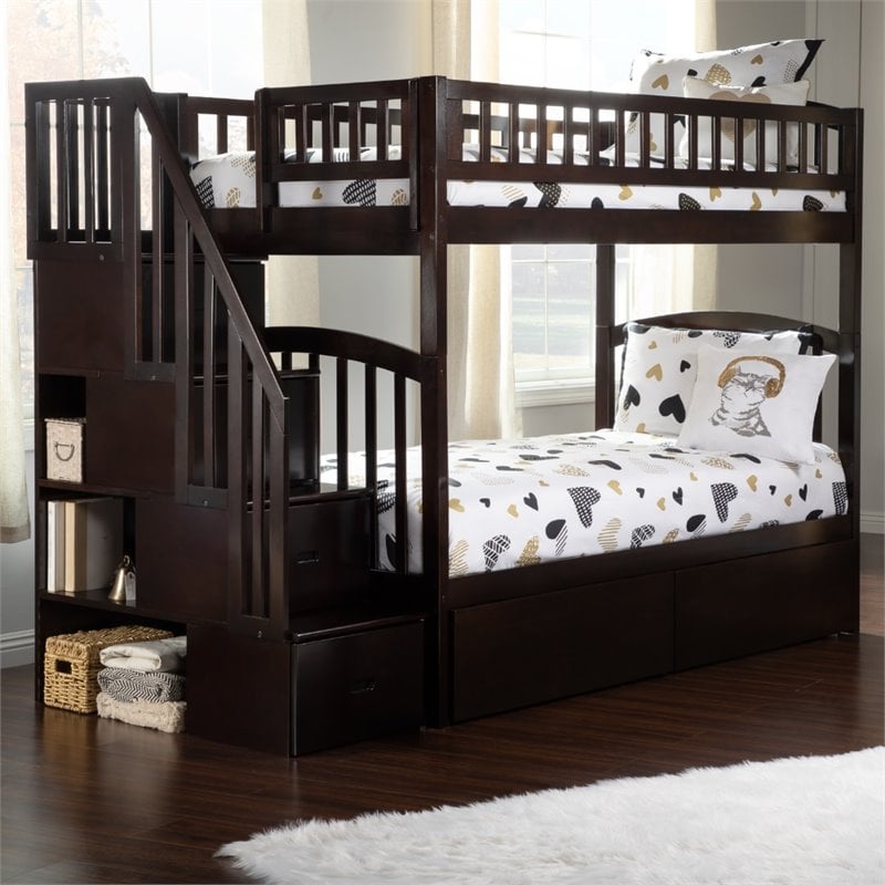 Pemberly Row Wood Staircase Storage Bunk Twin Over Twin in Espresso
