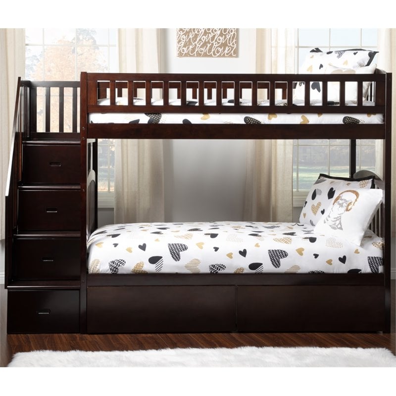 Pemberly Row Wood Staircase Storage Bunk Twin Over Twin in Espresso
