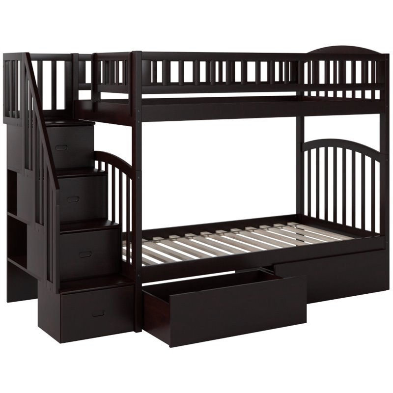 Pemberly Row Wood Staircase Storage Bunk Twin Over Twin in Espresso