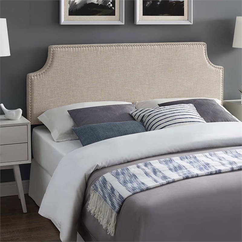 Pemberly Row Queen Upholstered Polyester Fabric Headboard in Beige