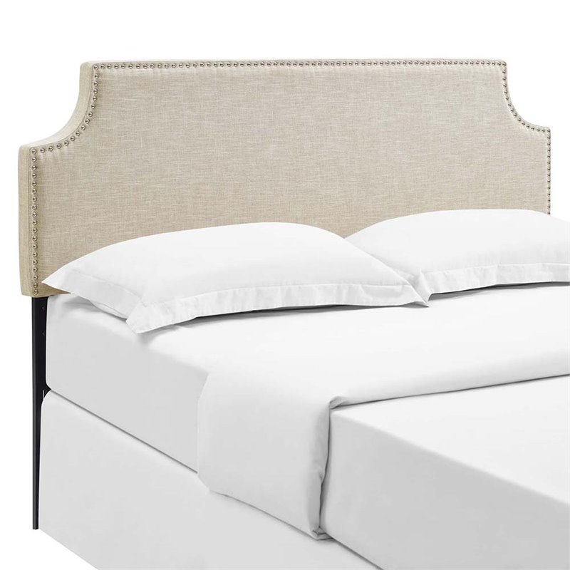 Pemberly Row Queen Upholstered Polyester Fabric Headboard in Beige