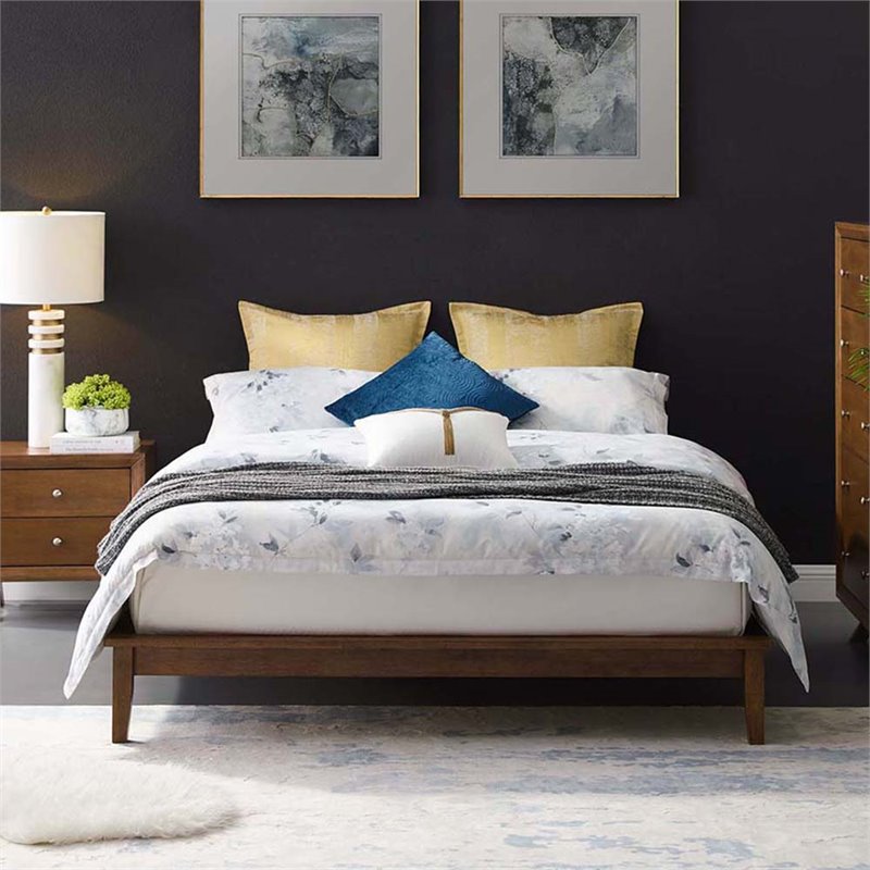 Pemberly Row Queen Modern Solid Wood Platform Bed Frame in Cappuccino