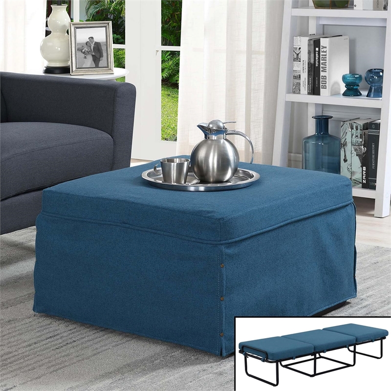 Pemberly Row Contemporary Folding Bed Ottoman in Blue Fabric