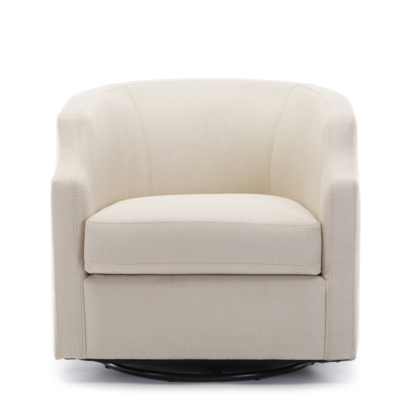 Pemberly Row White Linen Fabric Upholstered Swivel and Rocker Barrel Chair