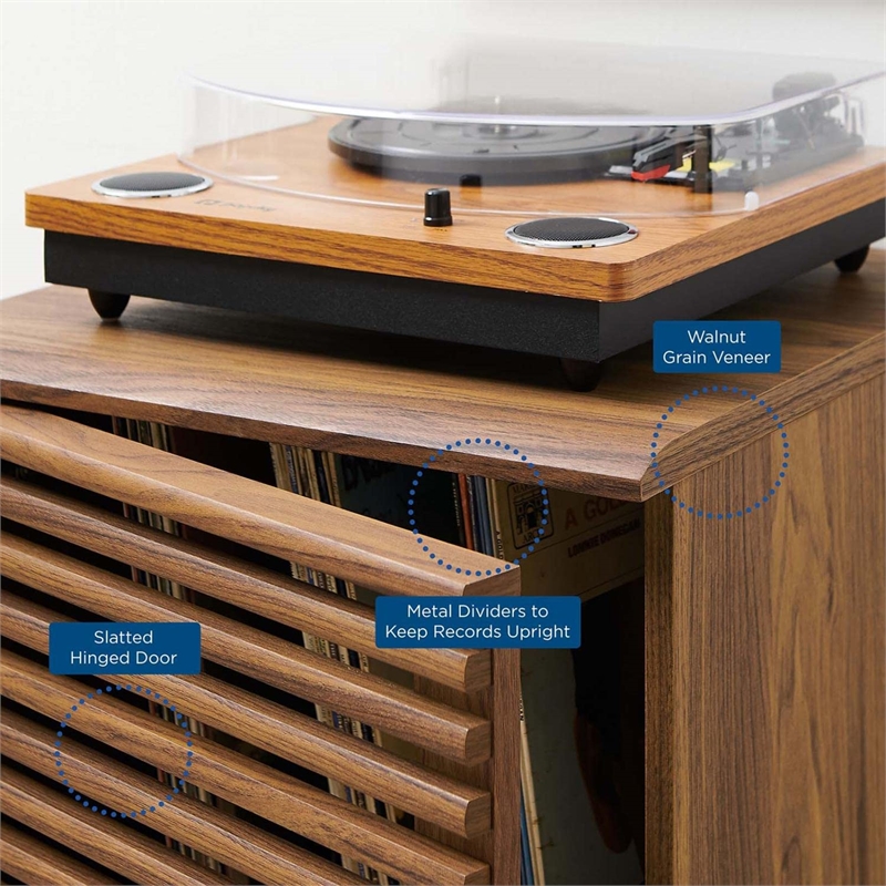 Pemberly Row Wood & Vinyl Record Display Stand with Hinged Door in Walnut