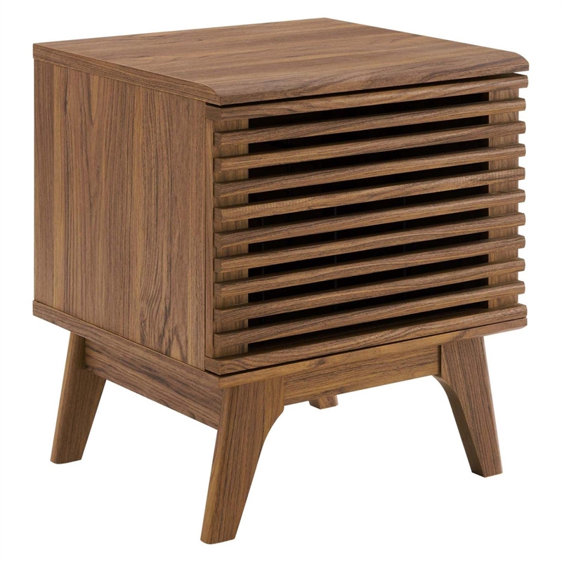 Pemberly Row Wood & Vinyl Record Display Stand with Hinged Door in Walnut