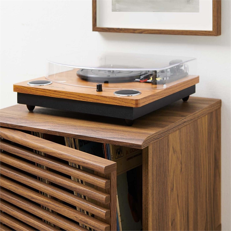 Pemberly Row Wood & Vinyl Record Display Stand with Hinged Door in Walnut