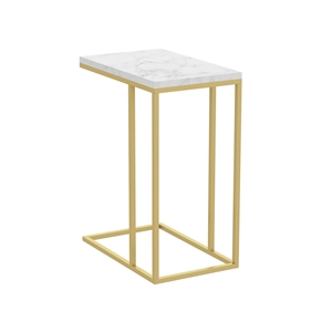 Pemberly Row Modern 19&quotL C-Shape Marble Accent Table in Gold Metal