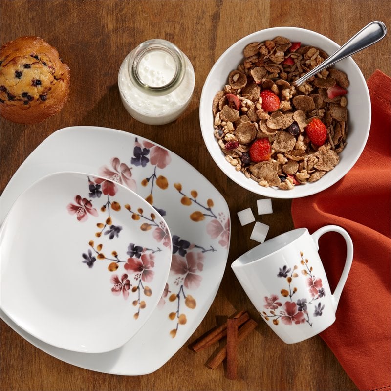 Pemberly Row Contemporary Porcelain Dinner Set 16 Piece Bloom