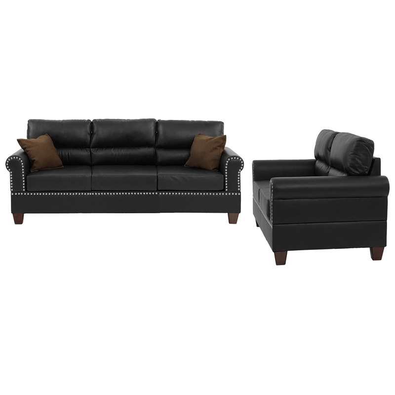 Pemberly Row 2 Piece Faux Leather Sofa and Loveseat Set in Black Color
