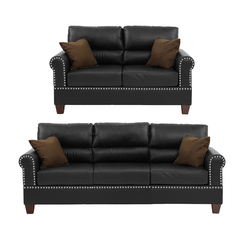 Pemberly Row 2 Piece Faux Leather Sofa and Loveseat Set in Black Color