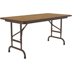 Pemberly Row 22-32&quotH Adjustable Height Melamine Top Folding Table in Medium Oak