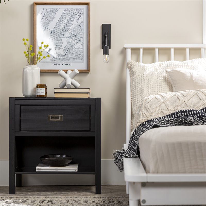 Pemberly Row 1-Drawer Classic Solid Wood Bedroom Nightstand in Black