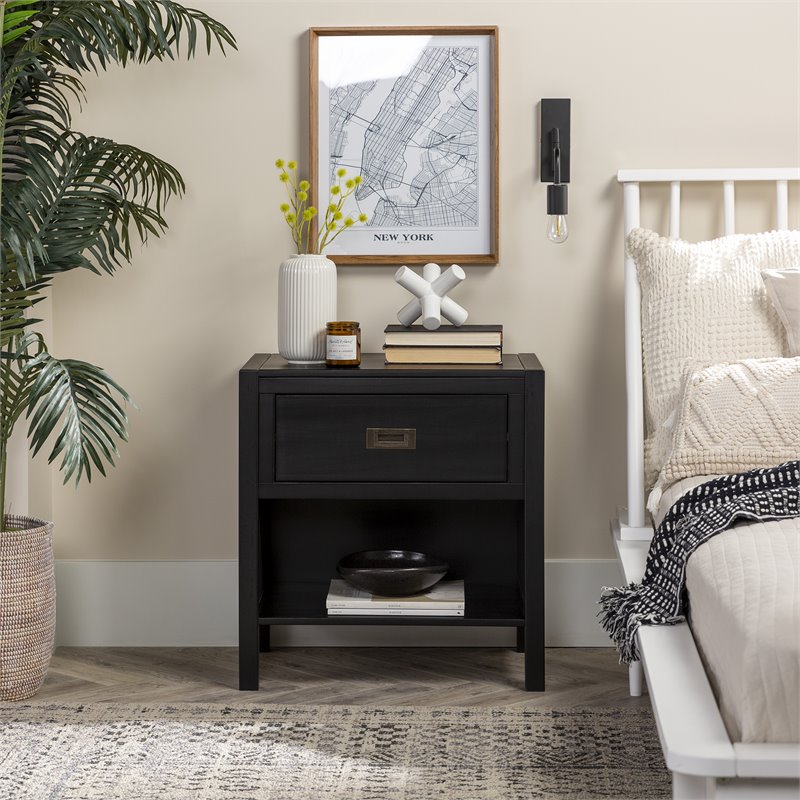 Pemberly Row 1-Drawer Classic Solid Wood Bedroom Nightstand in Black