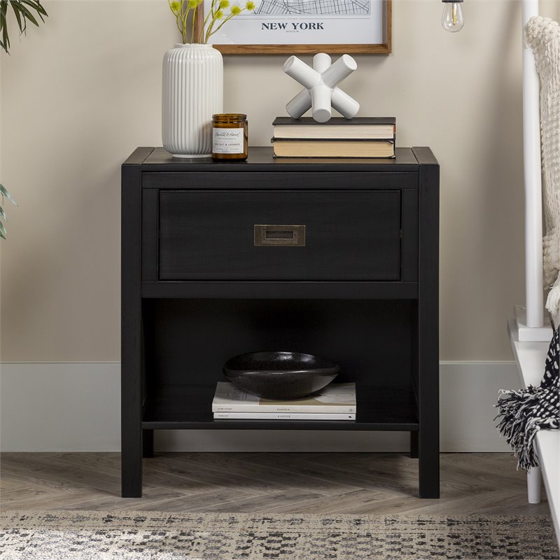 Pemberly Row 1-Drawer Classic Solid Wood Bedroom Nightstand in Black