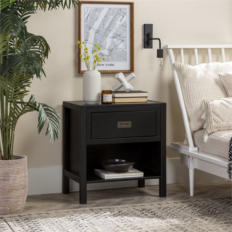 Pemberly Row 1-Drawer Classic Solid Wood Bedroom Nightstand in Black