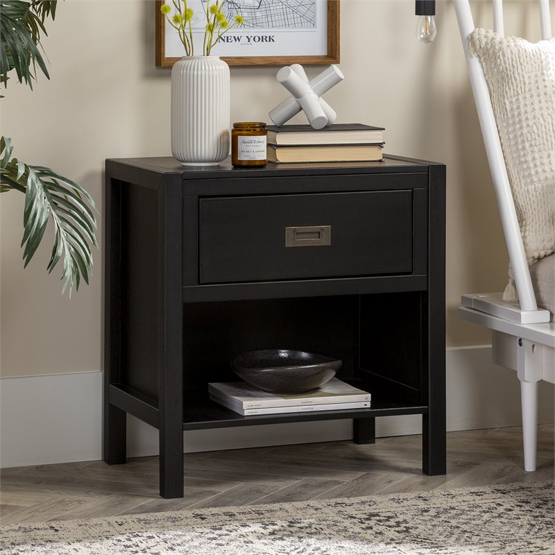 Pemberly Row 1-Drawer Classic Solid Wood Bedroom Nightstand in Black