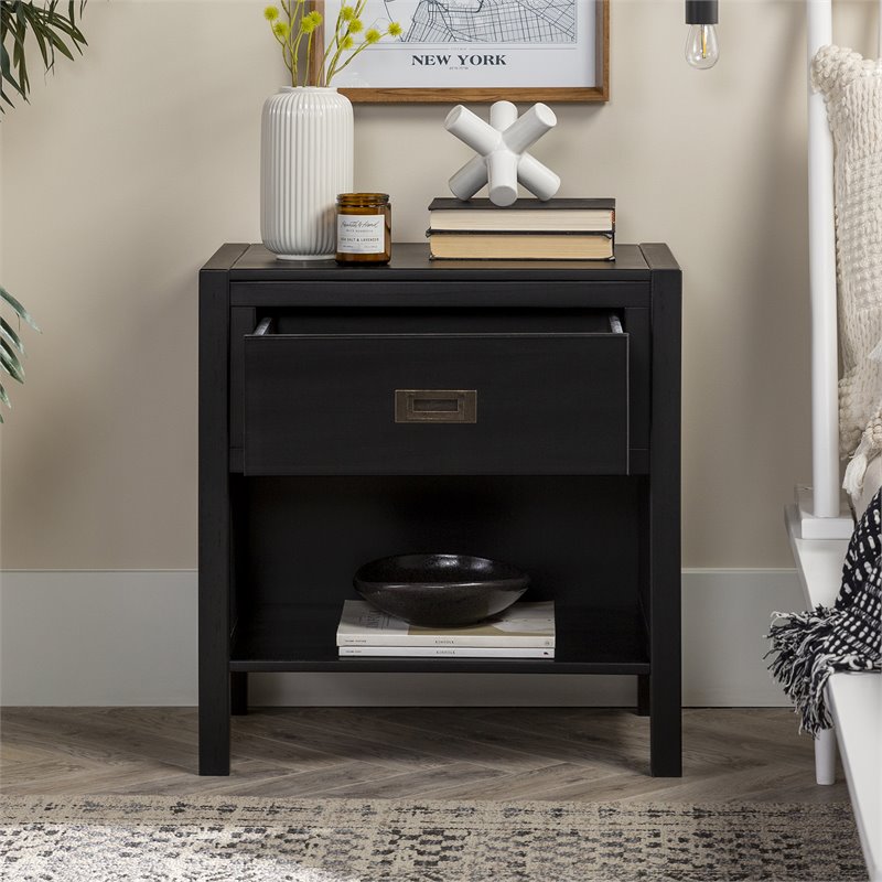 Pemberly Row 1-Drawer Classic Solid Wood Bedroom Nightstand in Black