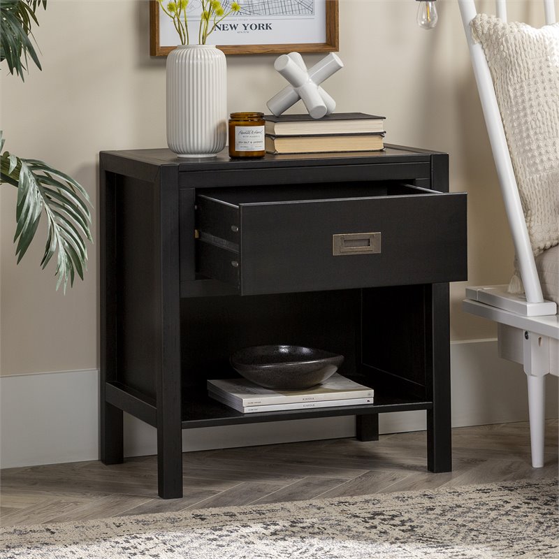 Pemberly Row 1-Drawer Classic Solid Wood Bedroom Nightstand in Black