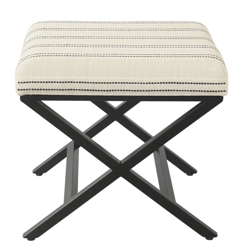Pemberly Row Modern Metal and Fabric Stripe X-base Ottoman in Black and White