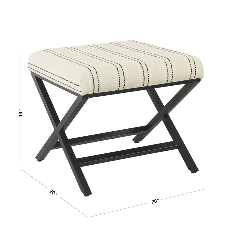 Pemberly Row Modern Metal and Fabric Stripe X-base Ottoman in Black and White