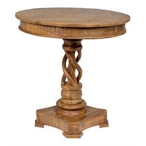 Pemberley Row Mango Wood Distressed Honey Brown Round Table Hand Carved 30&quot