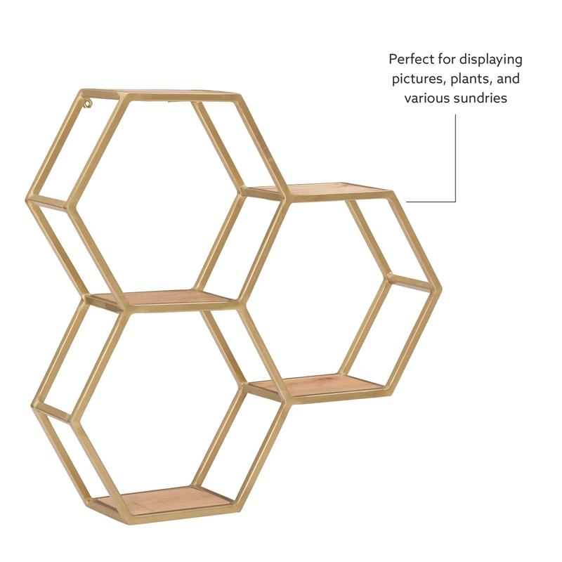 Pemberly Row Iron and Wood Wall Storage and Display Shelves in Gold