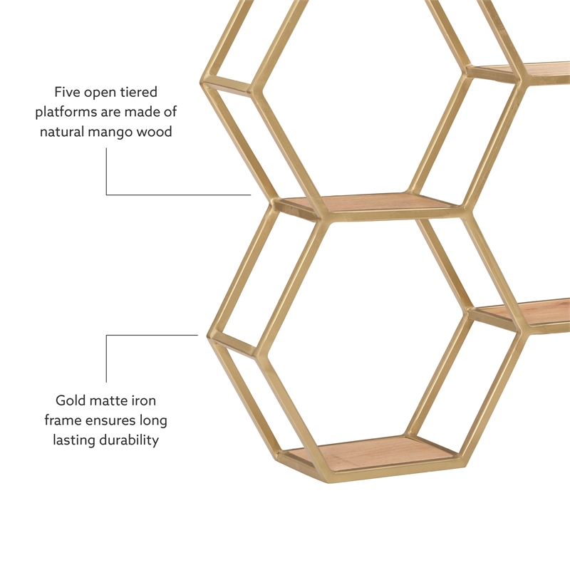 Pemberly Row Iron and Wood Wall Storage and Display Shelves in Gold