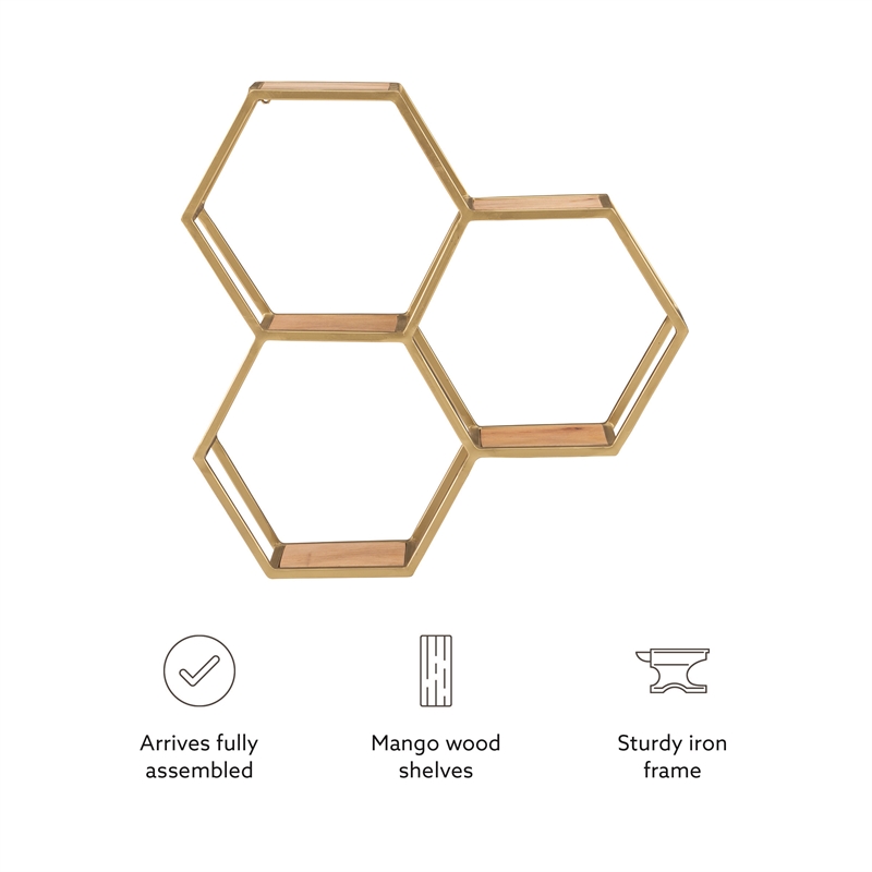 Pemberly Row Iron and Wood Wall Storage and Display Shelves in Gold