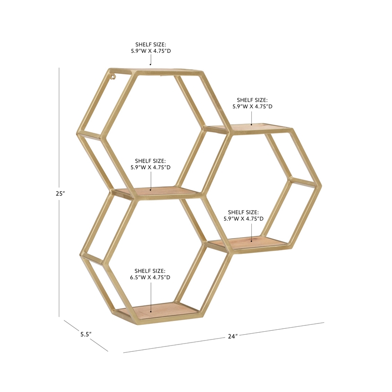 Pemberly Row Iron and Wood Wall Storage and Display Shelves in Gold