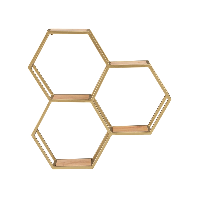 Pemberly Row Iron and Wood Wall Storage and Display Shelves in Gold