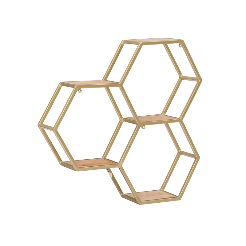 Pemberly Row Iron and Wood Wall Storage and Display Shelves in Gold