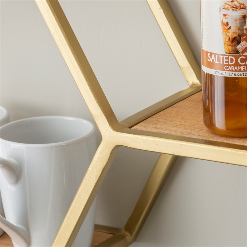 Pemberly Row Iron and Wood Wall Storage and Display Shelves in Gold