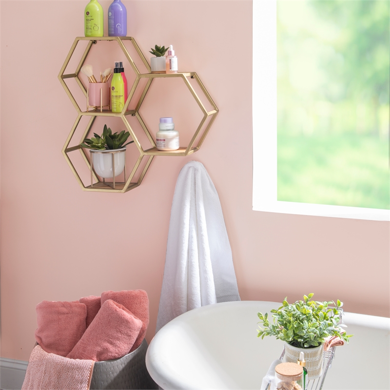 Pemberly Row Iron and Wood Wall Storage and Display Shelves in Gold