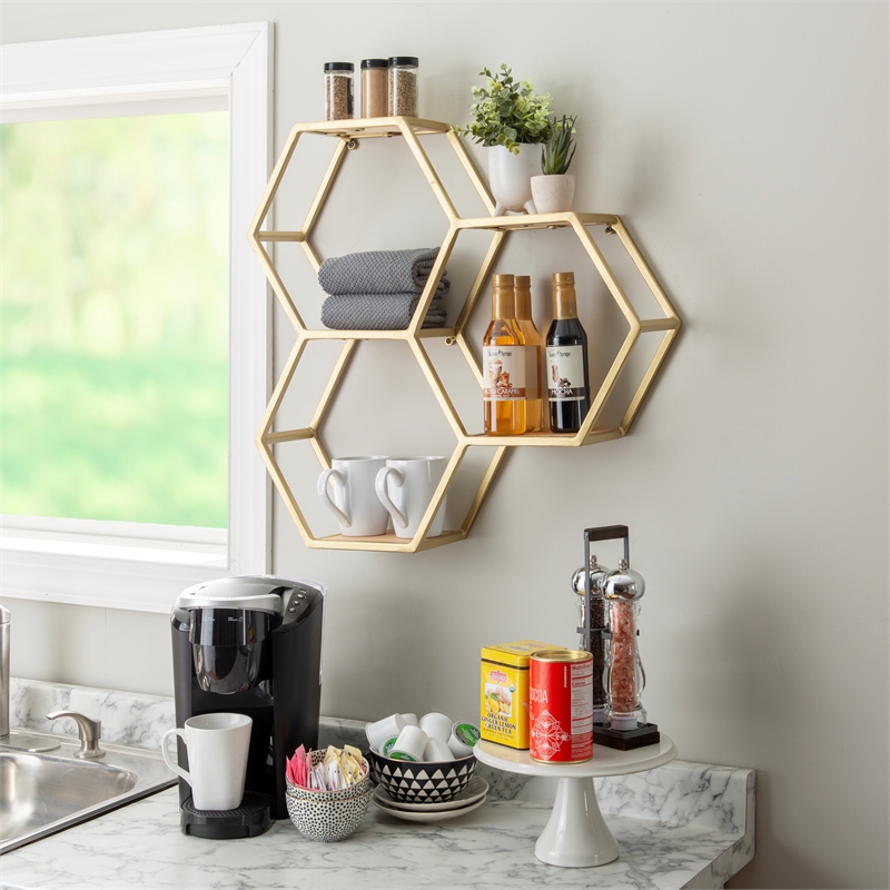 Pemberly Row Iron and Wood Wall Storage and Display Shelves in Gold