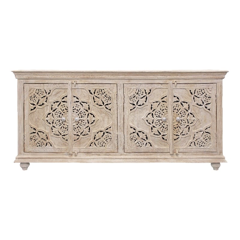 Pemberly Row 4-Door Sideboard in Distressed White Finish on Mango Solid Wood