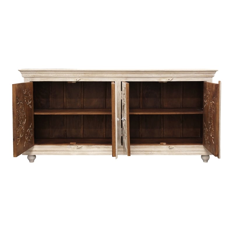 Pemberly Row 4-Door Sideboard in Distressed White Finish on Mango Solid Wood