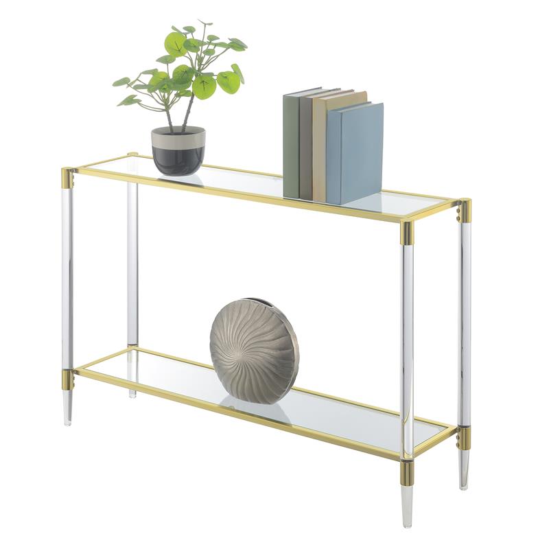Pemberly Row Two-Tier Acrylic Glass Console Table in Clear Glass with Gold Frame