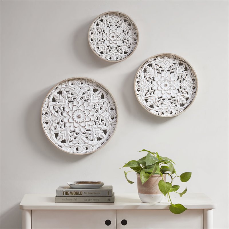 Pemberly Row 3-Piece Modern FirWood Medallion Trio Wall Decor Set in White