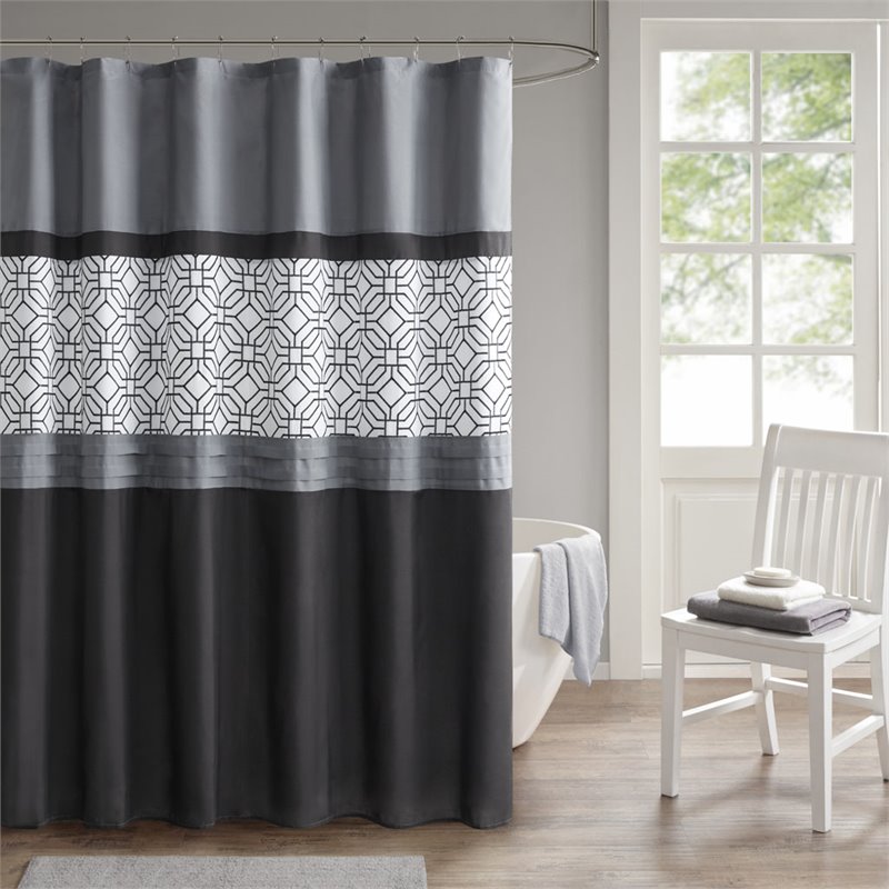 Pemberly Row Polyester Microfiber Embroidery Shower Curtain in Black/Gray