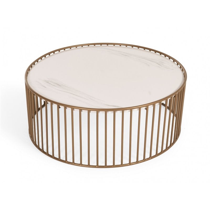 Pemberly Row Round Metal and Faux Marble Coffee Table in White/Gold