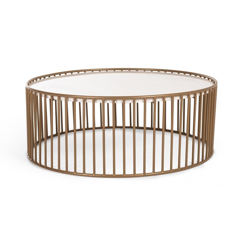 Pemberly Row Round Metal and Faux Marble Coffee Table in White/Gold