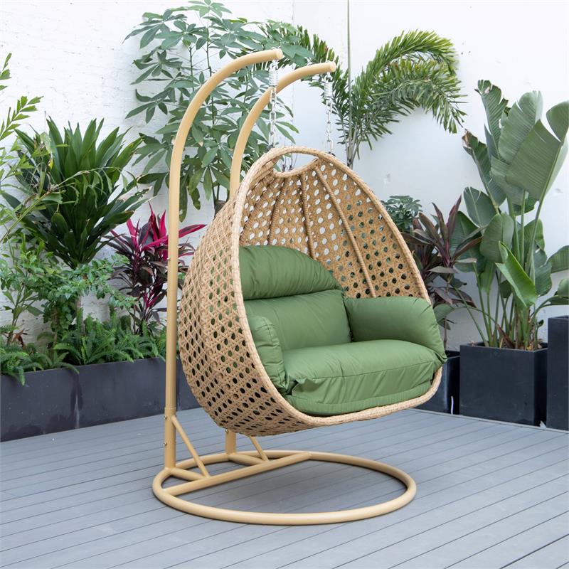 Pemberly Row Light Brown Wicker Patio Double Swing Chair in Dark Green