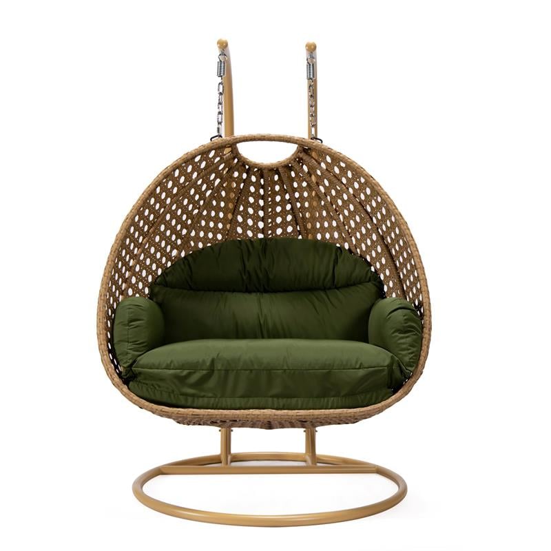 Pemberly Row Light Brown Wicker Patio Double Swing Chair in Dark Green